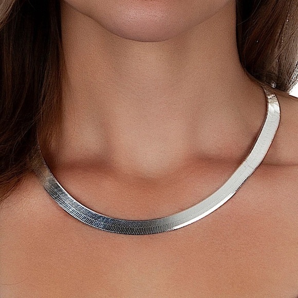 Sterling Silver 10mm Herringbone Necklace, Flat, Snake Unisex - Picture 3 of 13